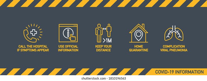 Prevention line icons set isolated on yellow. outline symbols Coronavirus Covid 19 pandemic banner. Quality design elements mask, gloves, distance, wash disinfect hands, stay home