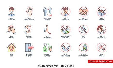 Iconos de línea de prevención establecidos en blanco. símbolos de contorno Banner de la pandemia Coronavirus Covid 19. Elementos de diseño de calidad máscara, guantes, distancia, lavar manos desinfectadas, quedarse en casa con Stroke editable