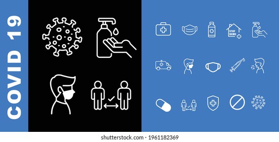 Prevention line icons set isolated. Clean and disinfect, sanitizer products, wash your hands, wear mask and social distancing. Editable stroke. Outline icons about Coronavirus prevention.

