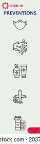 Prevention line icons set isolated on white. Outline symbols Coronavirus COVID-19 pandemic banner. Quality design elements mask, gloves, distance, wash disinfect hands, stay home.