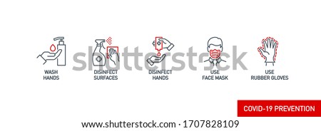 Prevention line icons set isolated on white. outline symbols Coronavirus Covid 19 pandemic banner. Quality design elements mask, gloves, distance, wash disinfect hands, stay home with editable Stroke Foto stock © 