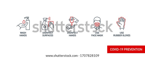 Prevention line icons set isolated on white.\
outline symbols Coronavirus Covid 19 pandemic banner. Quality\
design elements mask, gloves, distance, wash disinfect hands, stay\
home with editable\
Stroke