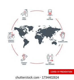 Prevention line icons set with planet map isolated on white. outline symbols prevention tips Coronavirus Covid 19 pandemic banner. Quality elements tips preventive treatment and healthcare line icon
