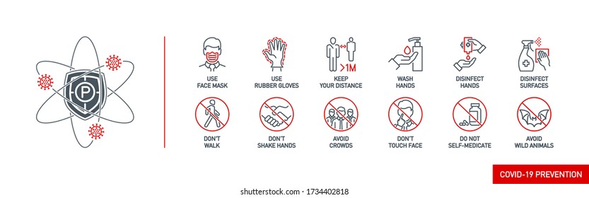 Prevention line icons set with shield isolated on white. outline symbols prevention tips Coronavirus Covid 19 pandemic banner. Quality elements tips preventive treatment and healthcare line icon