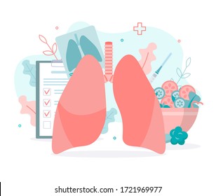 Prevention Of Lung Diseases, Proper Nutrition, Fluorography, Vaccination. Lungs Health. Medical Concept With Tiny People. Flat Vector Illustration.