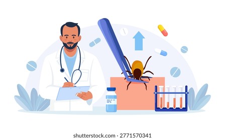 Prevention of Lyme, Encephalitis Diseases. Removing Encephalitis Ticks. Parasite Carrying Disease. First Aid with Infections Transmitted by Mites. Tick attached to skin, removed with tweezers