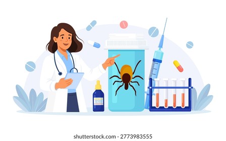 Prevention of Lyme, Encephalitis Diseases. Removing Encephalitis Ticks. Parasite Carrying Disease. First Aid with Infections Transmitted by Mites. Tick attached to skin, removed with tweezers