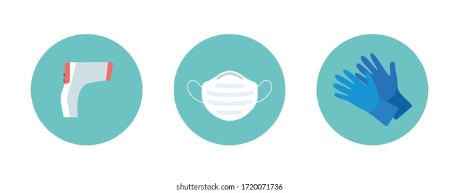 Prevention measurements. Coronavirus illustrations and icons. Temperature, gloves and mask. Icons illustration.