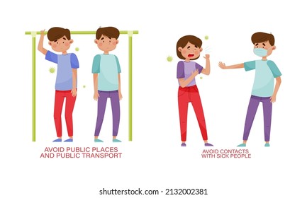 Prevention measures against Covid-19. Avoid public places, public transport and contacts with sick people cartoon vector illustration