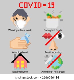 Prevention method COVID-19, pixel art of prevention method with explanation.