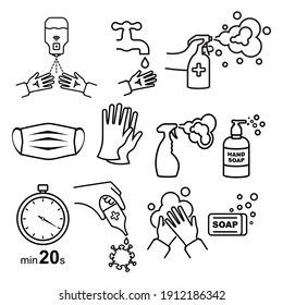 Prevention set black line vector icon for web site. Rubber gloves, medical mask. Bottle of antiseptic spray. Antibacterial flask. Disinfectant concept. Coronavirus protection. Washing water with soap.