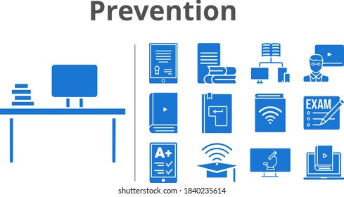 prevention set. included audiobook, learn, microscope, exam, tablet, ereader, cap, desktop, teacher, ebook, online-learning, school, enter icons. filled styles.