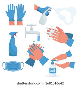 Prevention set. Rubber gloves on hands, medical mask. Bottle of antiseptic spray. Antibacterial flask. Disinfectant concept. Vector flat design. Coronavirus protection. Hand washing water with soap.