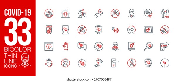 Prevention and symptoms Coronavirus Covid 19 line icons set isolated on white. Perfect outline health medicine symbols pandemic banner. Quality design elements virus treatment with editable Stroke