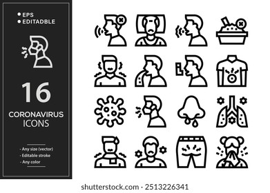 Prevención y síntomas Conjunto de iconos de línea de Coronavirus Covid 19 aislados en blanco. Anuncio de pandemia de símbolos de medicina de salud de contorno perfecto. Tratamiento del virus de los Elementos de diseño de calidad con derrame cerebral editable