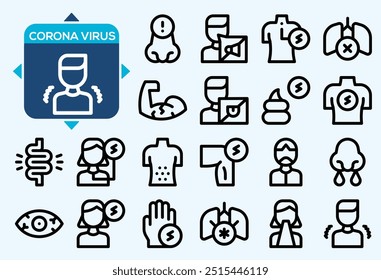 Prevención y síntomas Conjunto de iconos de línea de Coronavirus Covid 19 aislados en blanco. Anuncio de pandemia de símbolos de medicina de salud de contorno perfecto. Tratamiento del virus de los Elementos de diseño de calidad con derrame cerebral editable