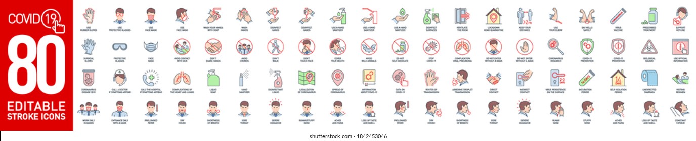 Prevention and symptoms Coronavirus Covid color line icons set isolated on white. Perfect outline medicine colorful symbol pandemic banner. colored design elements virus treatment with editable Stroke