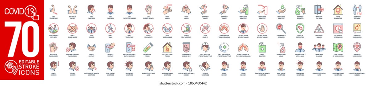 Prevention And Symptoms Coronavirus Covid Color Line Icons Set Isolated On White. Perfect Outline Medicine Colorful Symbol Pandemic Banner. Colored Design Elements Virus Treatment With Editable Stroke