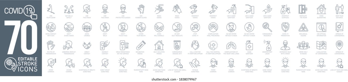 Prevention and symptoms of Coronavirus, COVID-19 line icon set isolated on white. Perfect outline health medicine symbols pandemic banner. Vector design elements COVID virus treatment with editable Stroke