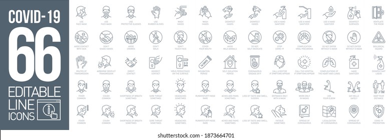 Prevention and symptoms Coronavirus Covid19 line icons set isolated on white. Perfect outline health medicine symbols pandemic banner. Vector design elements covid virus treatment with editable Stroke