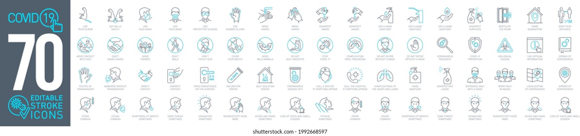 Prevention and symptoms Coronavirus Covid19 line icons set isolated on white. Perfect outline health medicine symbols pandemic banner. Vector design elements covid virus treatment with editable Stroke