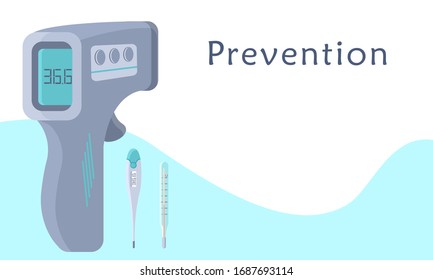 Prevention text on white backdrop with copy space. Body temp meters  for social banner, medical poster, social network warning. Chemist shop logo or info card. Minimal style stock vector illustration