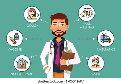 Prevention tips for COVID-19 infographic, healthcare and medical about flu, fever and virus prevention, vector flat symbol icon, layout, template illustration in horizontal design