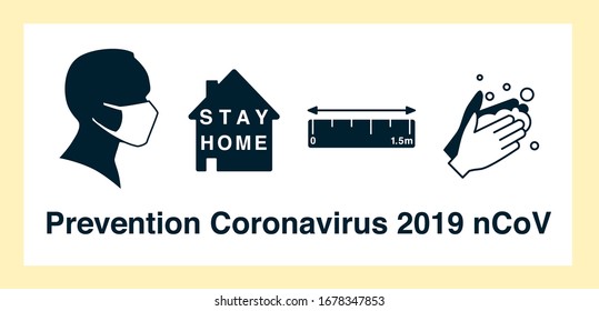 Präventionstipps Infografik von Coronavirus 2019 nCoV. Medizinische Maske, Heimbleiben einzeln, Wash Hände, 1,5 Meter Abstand zwischen den Menschen. Konzept des Ausbruchs der Grippe, Risiko für die öffentliche Gesundheit, MERS-CoV, SARS-CoV. 