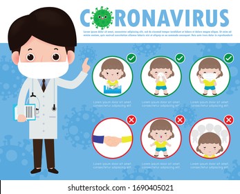 Prevention tips infographic of coronavirus 2019 nCoV. wearing face mask, one meter distance between people, washing hands with soap, sneezing cover mouth and nose with tissue. Concept of flu outbreak 