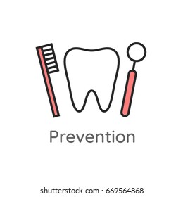 Prevention. Tooth with a toothbrush and a mirror. Dental care and hygiene icon. Web pictogram for dentistry. Stomatology concept, logo or illustration. Dental devices.