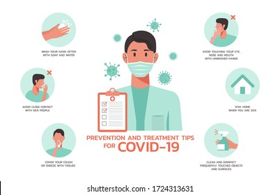 prevention and treatment tips for COVID-19 infographic, healthcare and medical about flu, fever and virus prevention, flat vector symbol icon, layout, template illustration in horizontal design