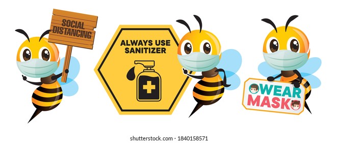 Prevention from virus. Cartoon cute bee wearing protective mask holding public awareness signboard for social distance, use sanitizer and wear mask. Stay safe from coronavirus. - vector