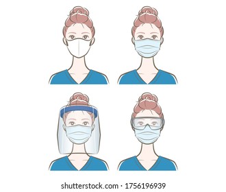 Prevention of virus infection, Mask, face shield, woman,