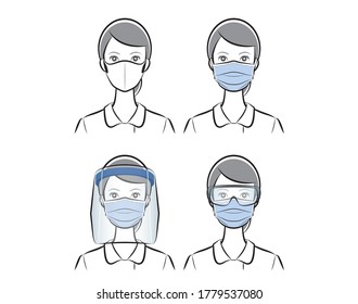 Prevention of virus infection, Mask, face shield, woman,