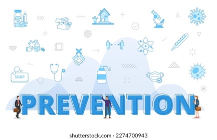 prevention virus spread concept with big words and people surrounded by related icon with blue color style
