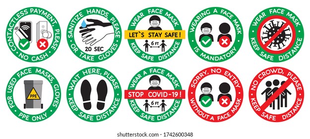 Prevention warning round signs set, coronavirus covid-19 pandemic measures. Vector isolated on white. Wear face mask, keep safe distance, no crowd, sanitize hands, pay contactless, public place, store