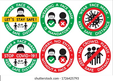 Prevention warning round signs or stickers set, coronavirus covid-19 pandemic measures. Vector isolated on white. Wear face mask, keep safe distance, no crowd, requirement for public place, store shop