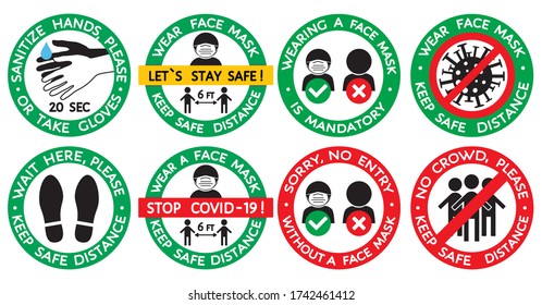 Prevention warning round signs or stickers set, coronavirus covid-19 pandemic measures. Vector isolated on white. Wear face mask, keep safe distance, no crowd, sanitize hands, public place, store shop