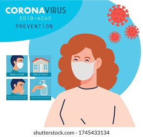 Vorbeugung, Frau mit medizinischer Schutzmaske gegen Coronavirus 2019 NCOV Vektor Illustration Design