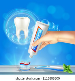 Preventive Dentistry Oral Care Realistic Composition With Shining Tooth And Hand Squeezing Toothpaste On Toothbrush Vector Illustration 