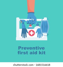 Preventive first aid kit. Disinfectant antibacterial equipment. Healthcare concept. Vector illustration flat design. Coronavirus protection. Spray mask liquid soap and antiseptic as symbol of hygiene.