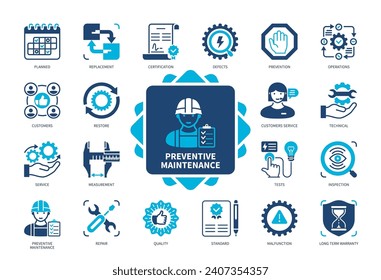 Conjunto de iconos Mantenimiento preventivo. Fallo de funcionamiento, inspección, condiciones, servicio al cliente, reparación, certificación, reemplazo, restauración. Iconos sólidos de color Duotone