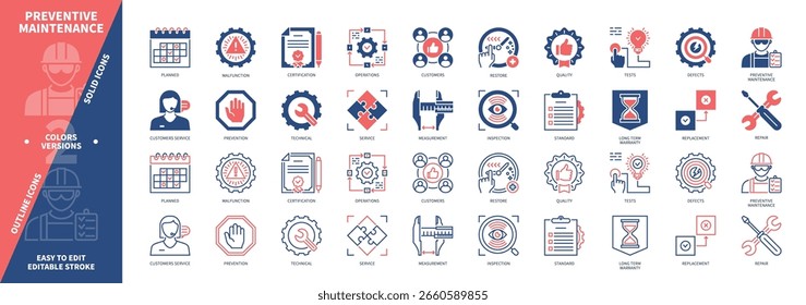 Conjunto de iconos de mantenimiento preventivo. Malfuncionamiento, Inspección, Condiciones, Servicio al cliente, Reparación, Certificación, Reemplazo, Restauración. Iconos de contorno sólidos y editables de color duotono