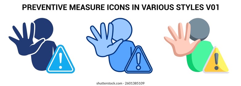 Preventive Measure icon represented by hand rejecting, warning sign Blue, Flat, Dualtone style.
