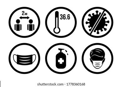 Preventive measures from Coronavirus outbreak. Wear protective face mask, keep safe social distance, disinfect hands, and measure temperature vector black signs for reopening businesses.