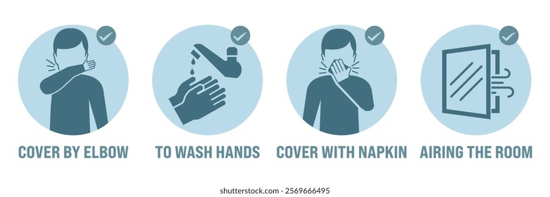 Preventive measures icons with handwashing, masks, and social distancing. Ideal for health safety campaigns, awareness designs, and public safety graphics. Focused on hygiene and prevention.