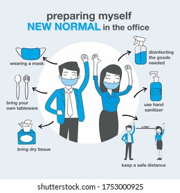 preventive measures in the office at work, covid prevention illustrations, illustrations face new normal, keep distance, social distancing, flat symbol design icon covid 19