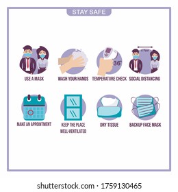 preventive measures in the office at work, covid prevention illustrations, illustrations face new normal, keep distance, social distancing, flat symbol design icon covid 19, NEW NORMAL VECTOR