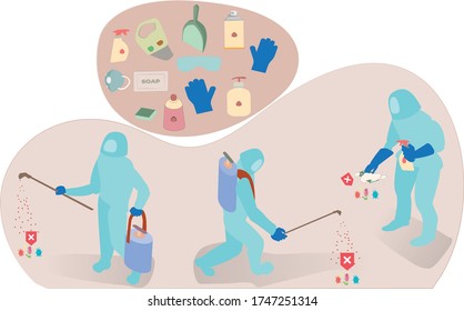 Preventive measures. People in protective suits, virus cleaning and disinfection spray, Covid-19, coronavirus disease. 