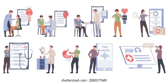 Preventive Medicine Flat Set With People Having Medical Check Up Getting Test Results Isolated Vector Illustration